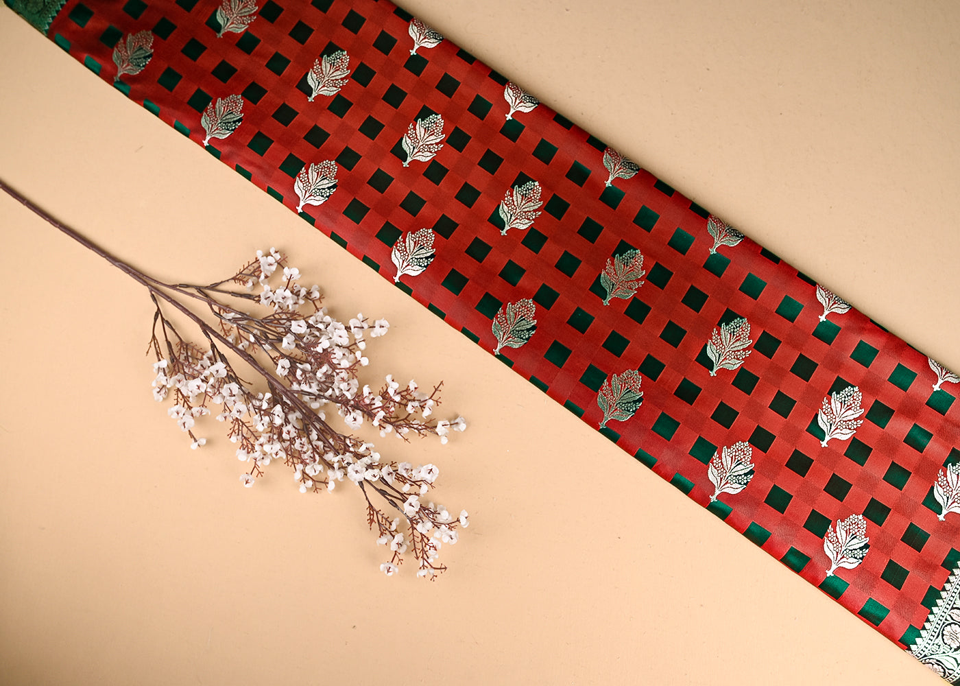 Deep Red Banarasi Brocade Fabric With All Over Thread And Zari Handloom 21355