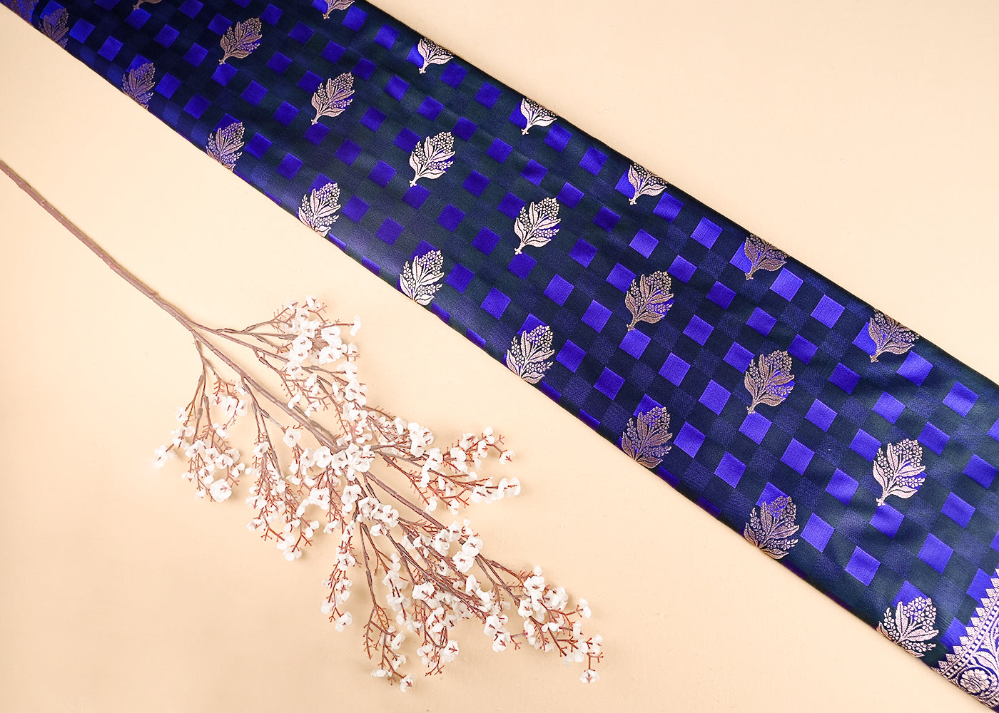 Navy Blue Banarasi Brocade Fabric With All Over Thread And Zari Handloom 21358