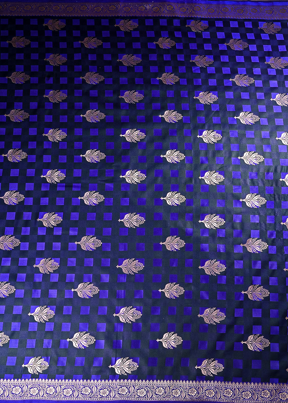 Navy Blue Banarasi Brocade Fabric With All Over Thread And Zari Handloom 21358