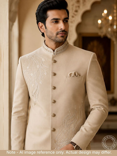 The Virasat - Unstitched Beige Indowestern Fabric For Men 21363