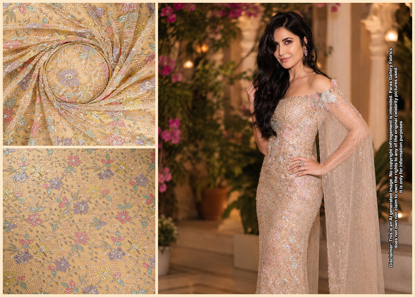Katrina Kaif Inspired Edition | Beige Embroidered Net Unstitched Fabric 21369