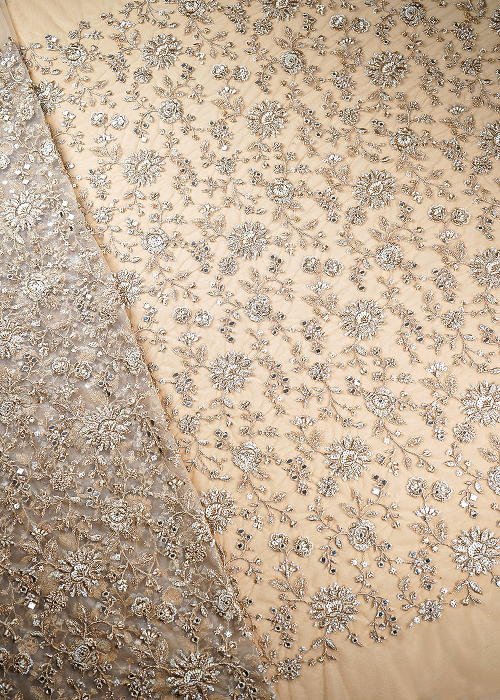 Golden Imported Net Fabric With All Over Zari, Katdana, Bead And Sequins Work 21370