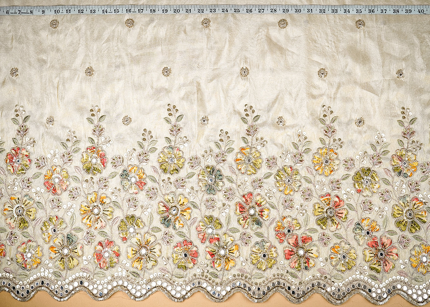 Golden Dyeable Tissue Fabric With All Over Zari, Sequins, Faux Mirror And Bead Work With One Side Patch Work And Scalloped Border 21379