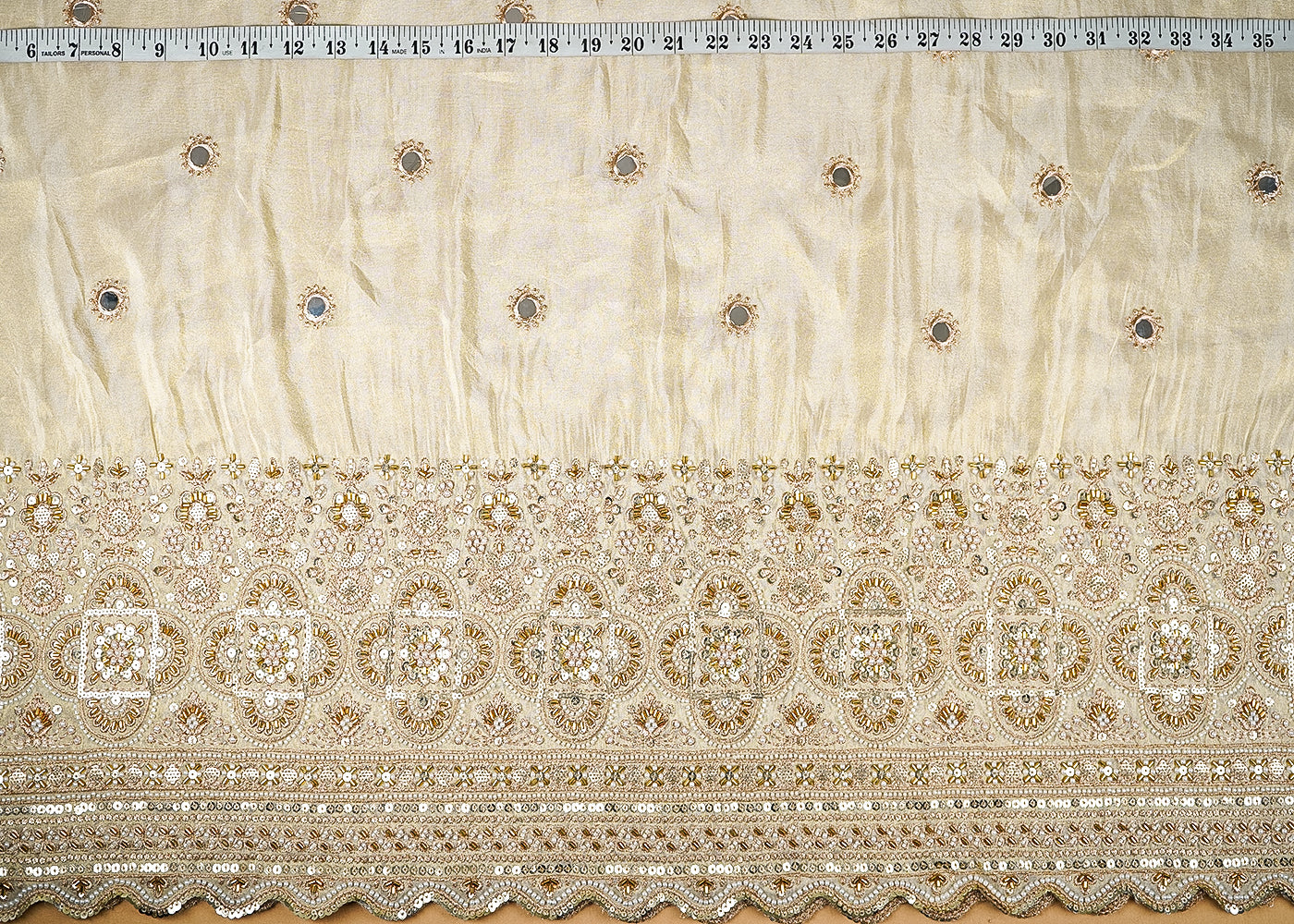 Golden-Dyeable-Tissue-Fabric-With-All-Over-Faux-Mirror,-Sequins-And-Katdana-Work-With-One-Side-Scalloped-Border-21385-measurment-view