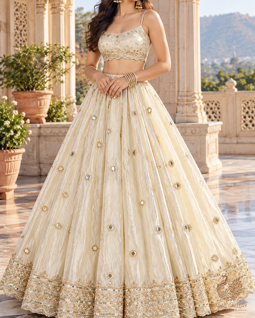The Noor - Golden Dyeable Tissue Dupatta Fabric With All Over Faux Mirror, Sequins And Katdana Work With Two Side Scalloped Border | 21386