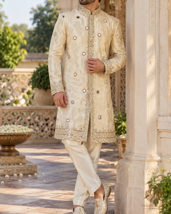 The Noor - Golden Dyeable Tissue Dupatta Fabric With All Over Faux Mirror, Sequins And Katdana Work With Two Side Scalloped Border | 21386