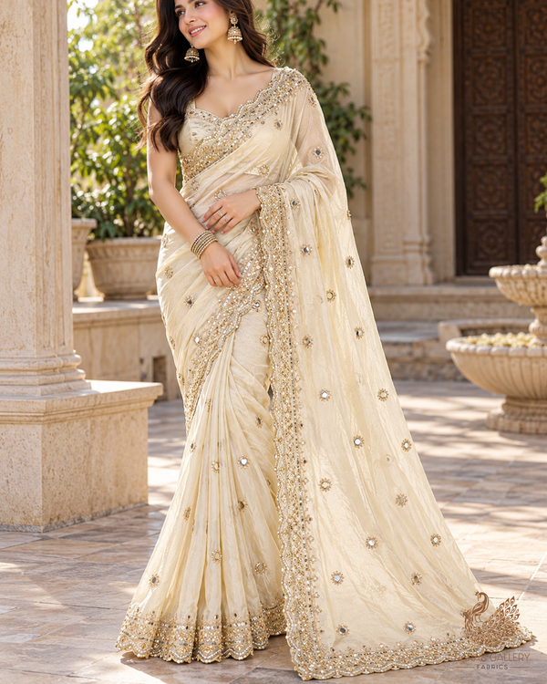 The Noor - Golden Dyeable Tissue Dupatta Fabric With All Over Faux Mirror, Sequins And Katdana Work With Two Side Scalloped Border | 21386