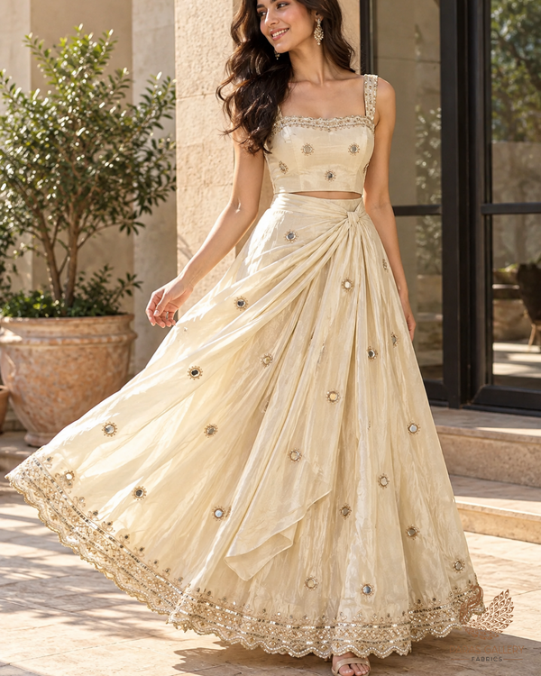 The Noor - Golden Dyeable Tissue Dupatta Fabric With All Over Faux Mirror, Sequins And Katdana Work With Two Side Scalloped Border | 21386