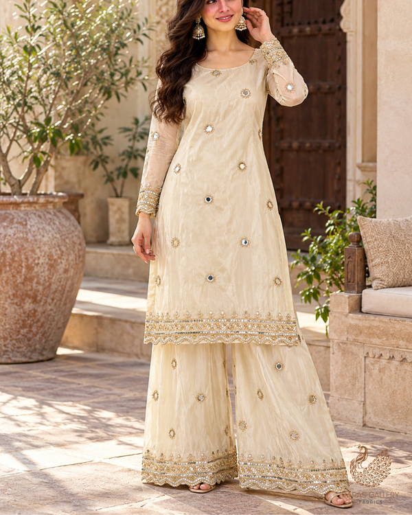 The Noor - Golden Dyeable Tissue Dupatta Fabric With All Over Faux Mirror, Sequins And Katdana Work With Two Side Scalloped Border | 21386
