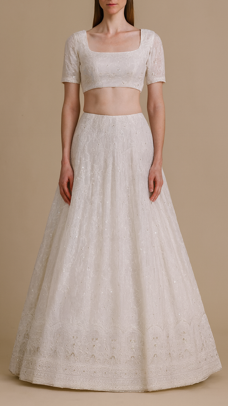 White Dyeable Georgette Fabric With All Over Thread And Sequins Work With One Side Border 19156