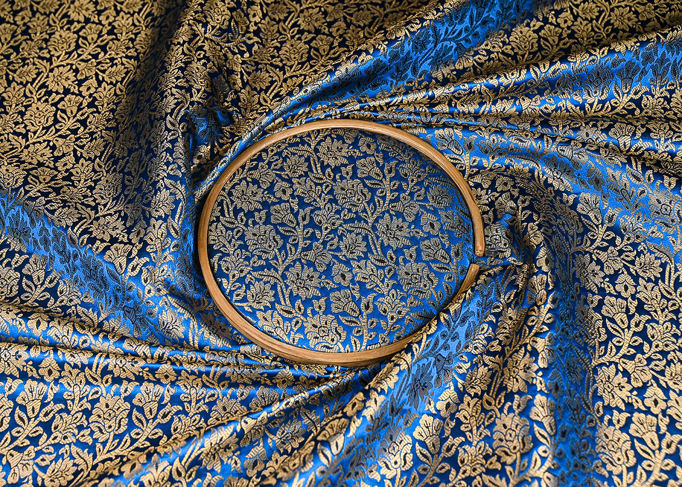 Blue-Banarasi-Brocade-Fabric-With-All-Over-Golden-Zari-Handloom-21403-close-view