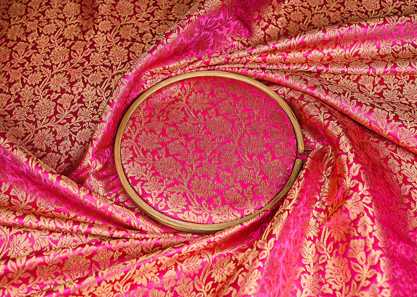 Rani Pink Banarasi Brocade Fabric With All Over Golden Zari Handloom 21404