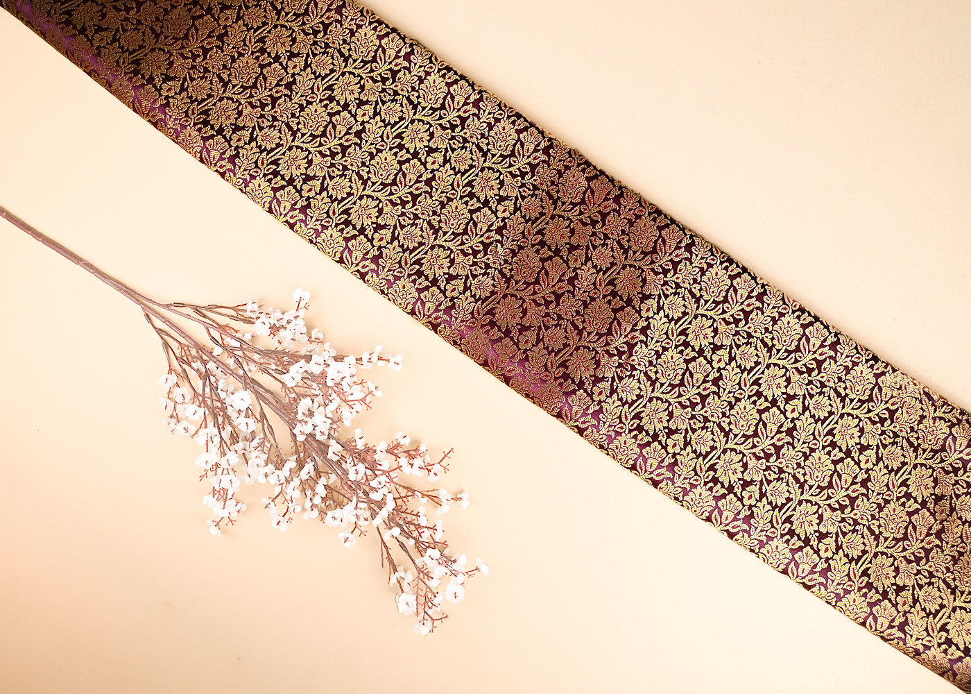 Wine Banarasi Brocade Fabric With All Over Golden Zari Handloom 21407