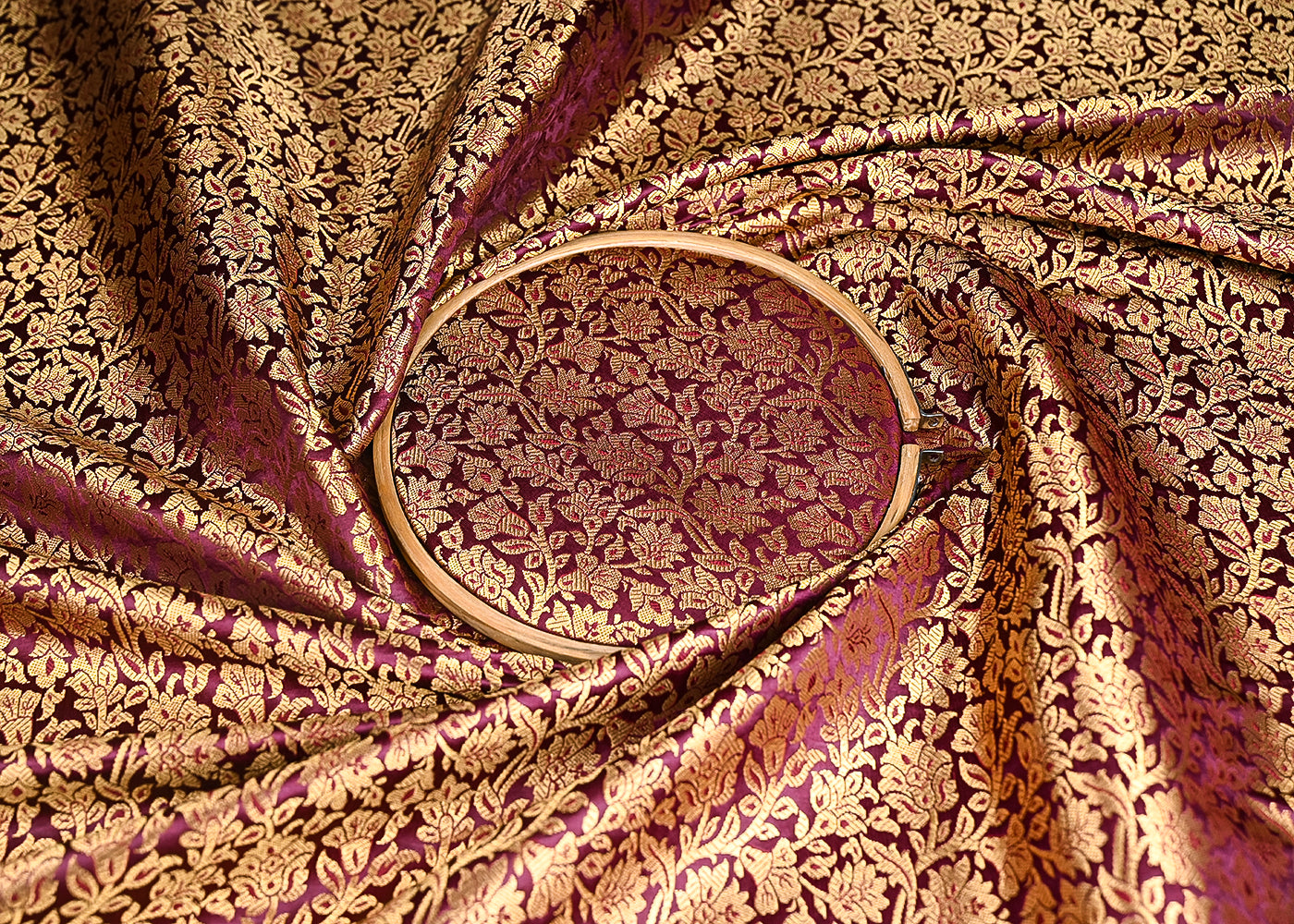 Wine Banarasi Brocade Fabric With All Over Golden Zari Handloom 21407