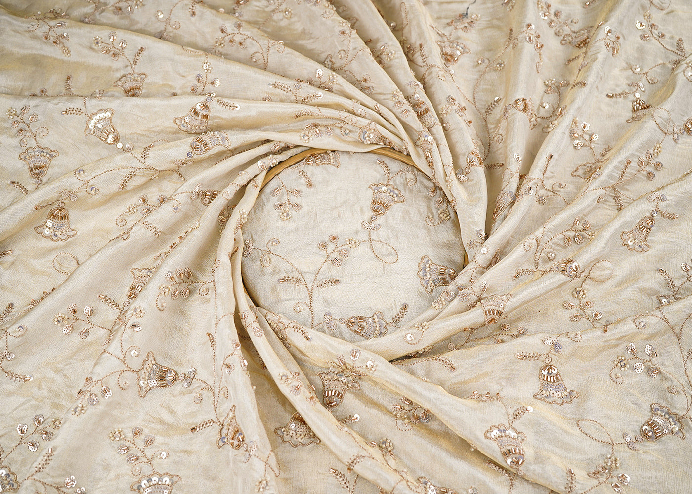 Golden Dyeable Tissue Fabric With All Over Zari, Sequins, Katdana And Beads Work 21436