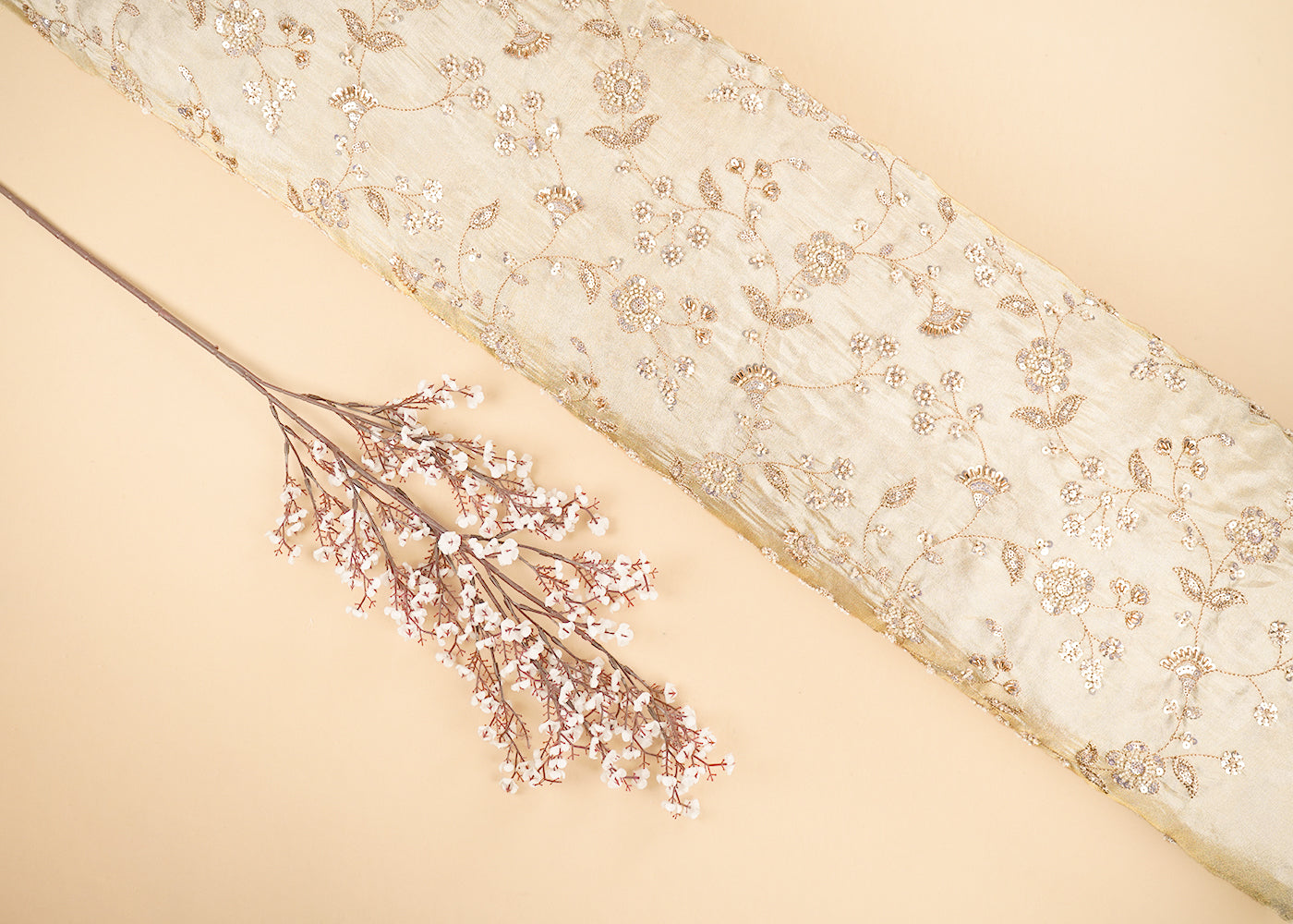 Golden Dyeable Tissue Fabric With All Over Zari, Sequins, Katdana And Beads Work 21437