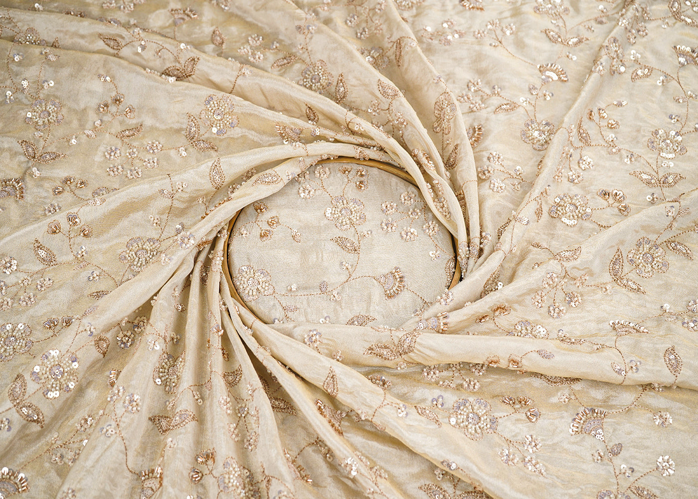 Golden Dyeable Tissue Fabric With All Over Zari, Sequins, Katdana And Beads Work 21437