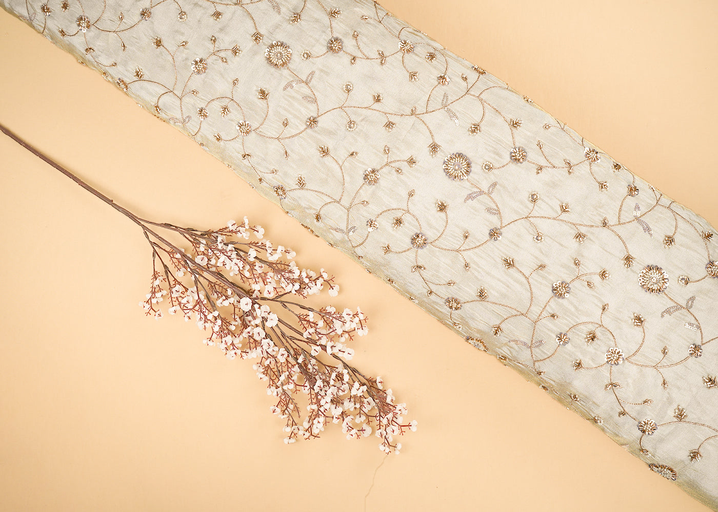 Golden Dyeable Tissue Fabric With All Over Zari, Sequins, Katdana And Beads Work 21438