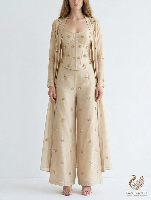 The Noor - Golden Dyeable Tissue Fabric With All Over Buti Of Sequins, Katdana And Bead Work | 21443