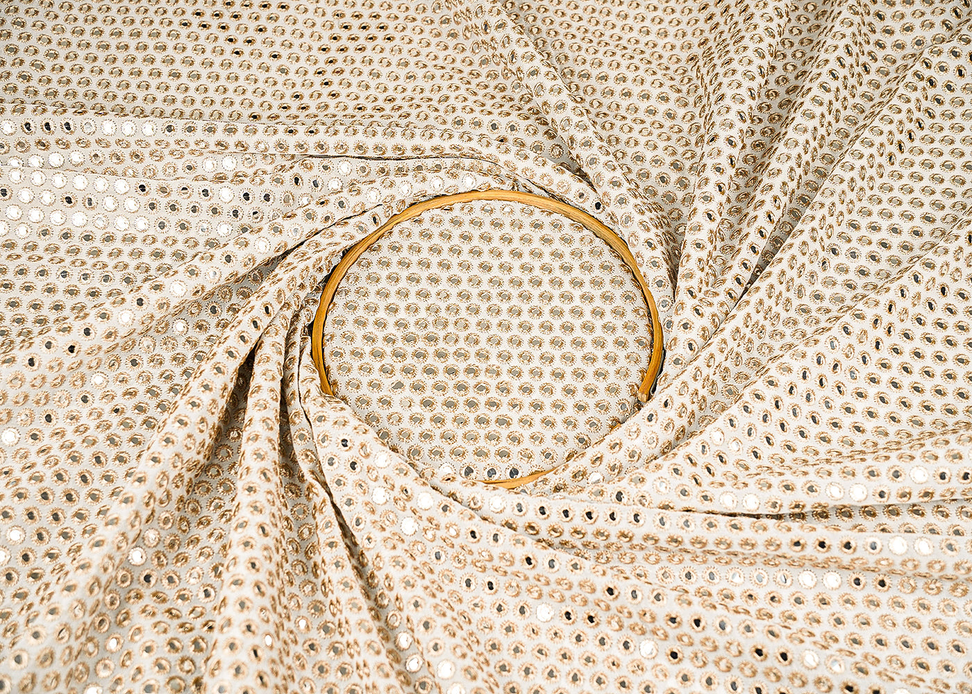 White Dyeable Georgette Fabric With All Over Zari And Faux Mirror Work  21445