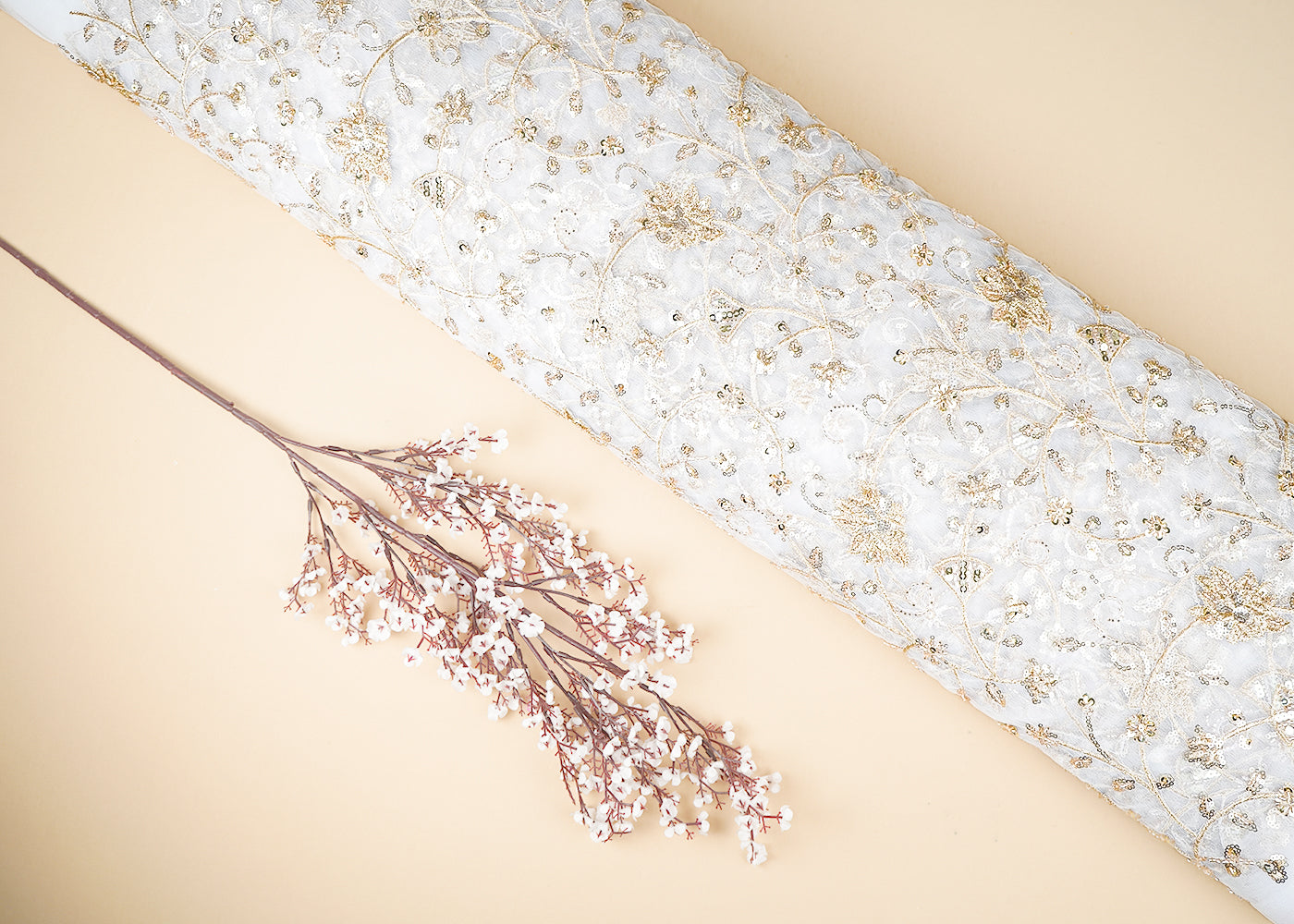 White Dyeable Net Fabric With All Over Sequins, Thread And Katdana Work 21446