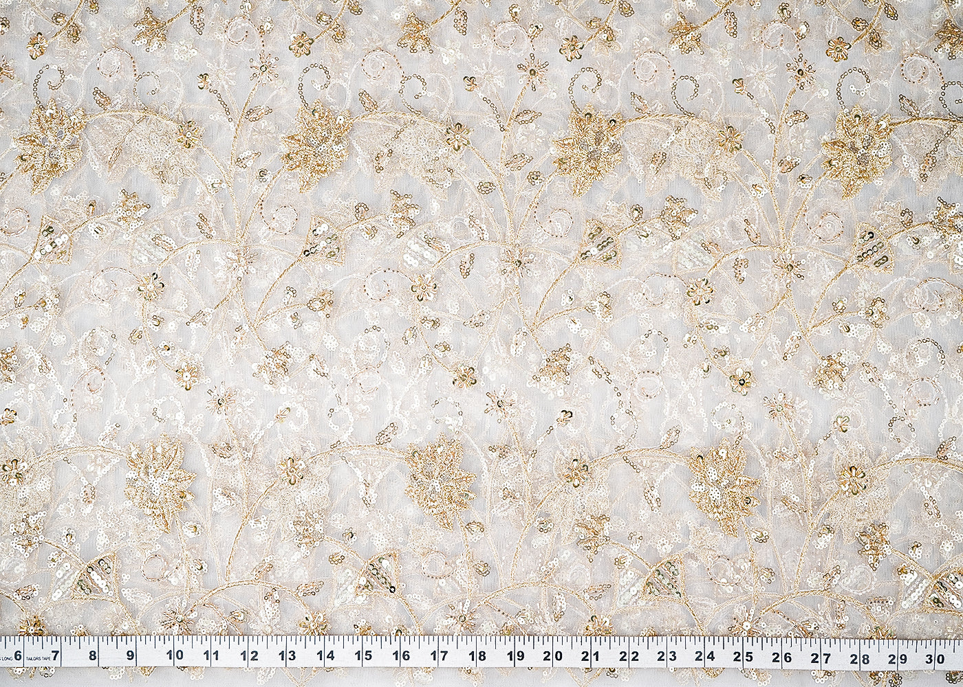 White Dyeable Net Fabric With All Over Sequins, Thread And Katdana Work 21446