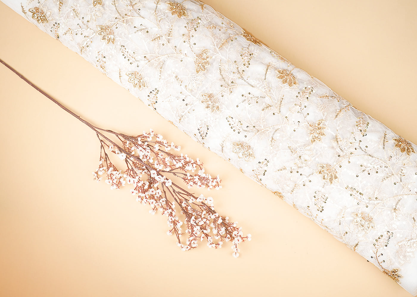 White Dyeable Net Fabric With All Over Sequins, Thread And Katdana Work 21447