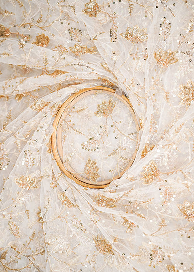 White Dyeable Net Fabric With All Over Sequins, Thread And Katdana Work 21447
