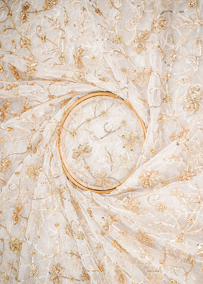 White Dyeable Net Fabric With All Over Sequins, Thread And Katdana Work 21448