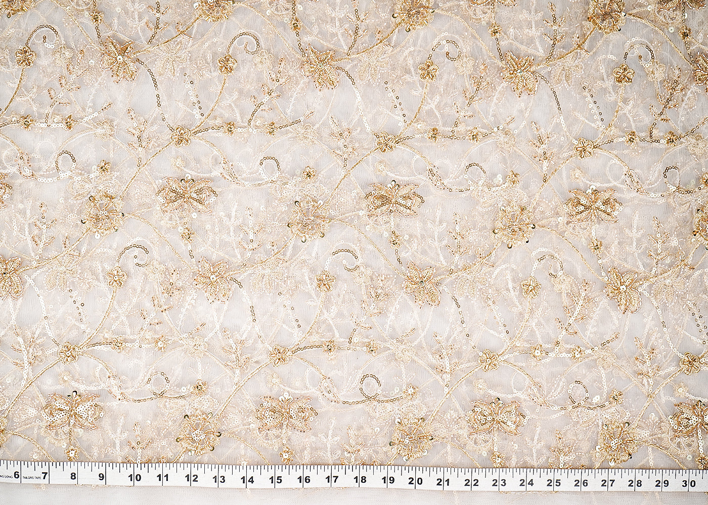 White Dyeable Net Fabric With All Over Sequins, Thread And Katdana Work 21448