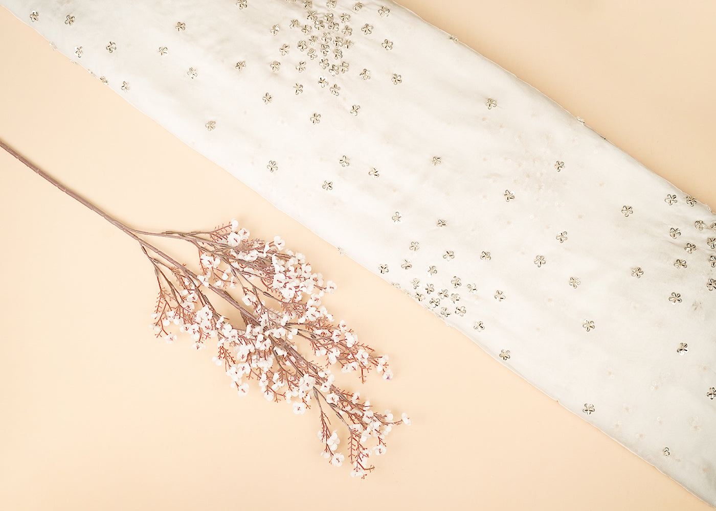 White Dyeable Georgette Fabric With All Over Sequins And Katdana Work 21449