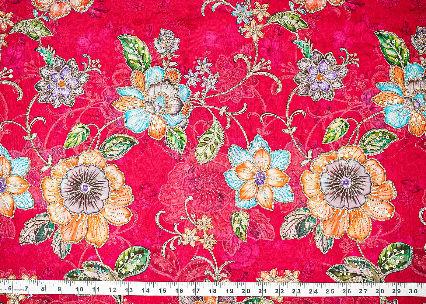 Pink Organza Fabric With All Over Traditional Print And Zari, Sequins Work 21451