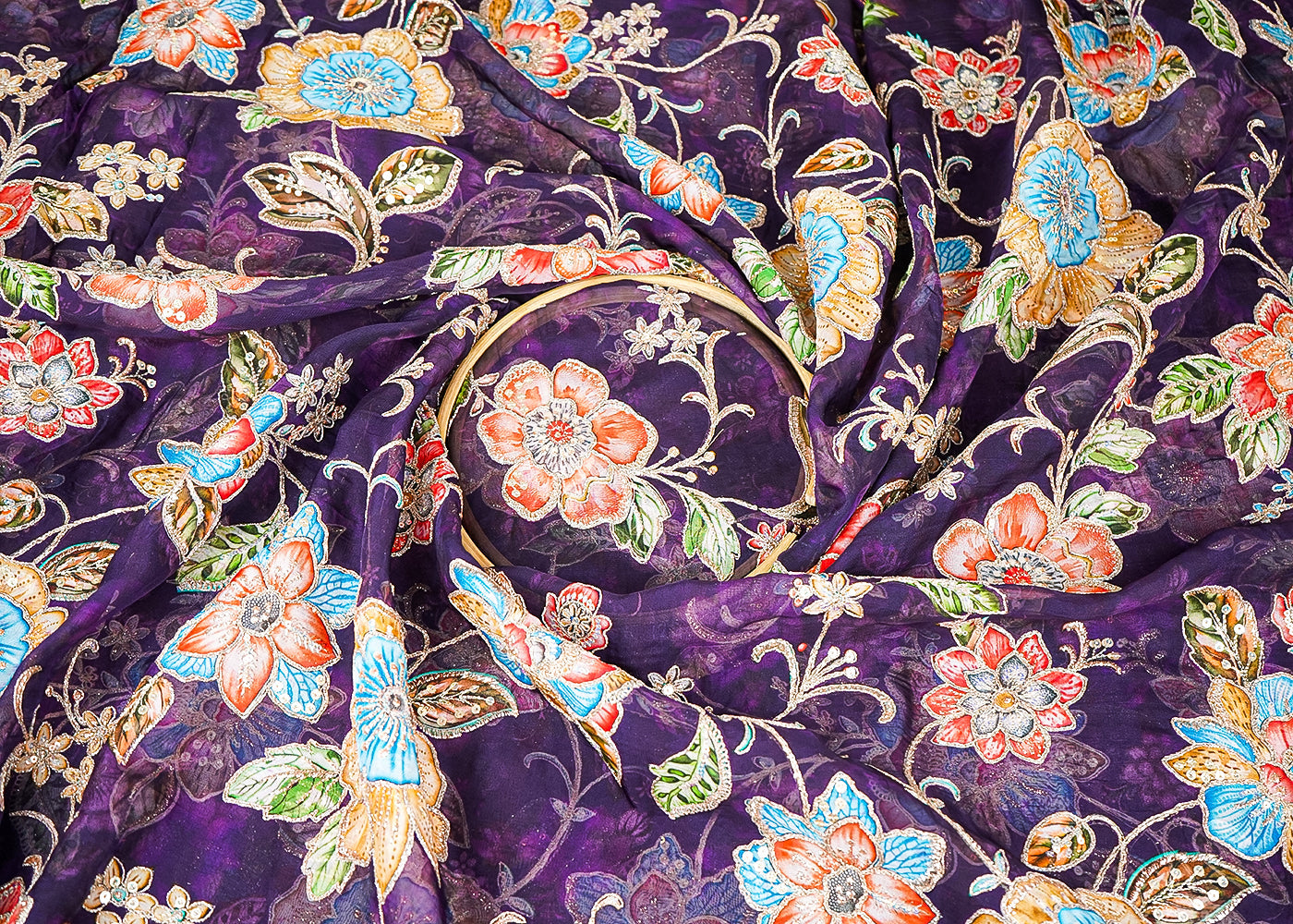 Purple Organza Fabric With All Over Traditional Print And Zari, Sequins Work 21452
