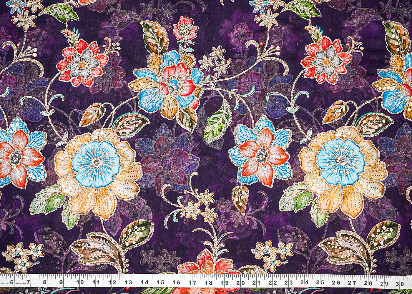 Purple Organza Fabric With All Over Traditional Print And Zari, Sequins Work 21452