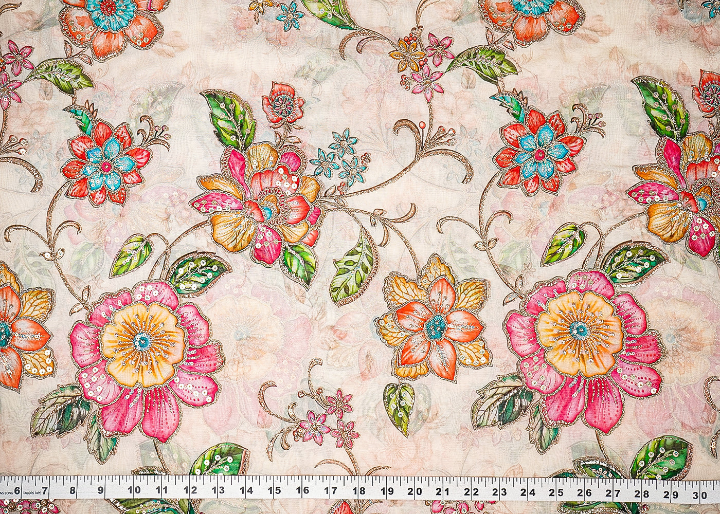 Cream Organza Fabric With All Over Traditional Print And Zari, Sequins Work 21454