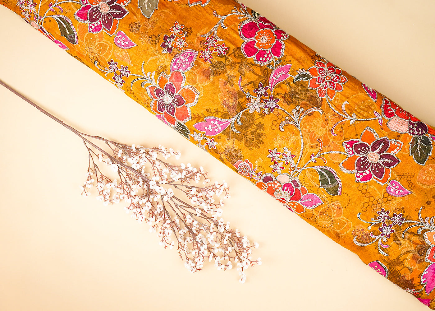 Mustard Organza Fabric With All Over Traditional Print And Zari, Sequins Work 21455