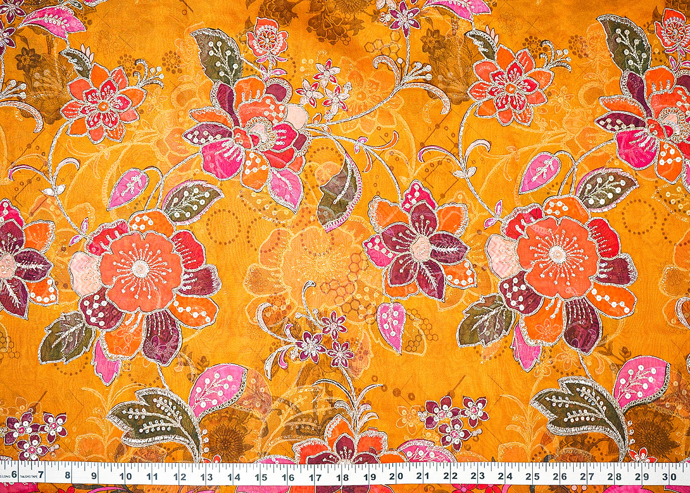 Mustard Organza Fabric With All Over Traditional Print And Zari, Sequins Work 21455