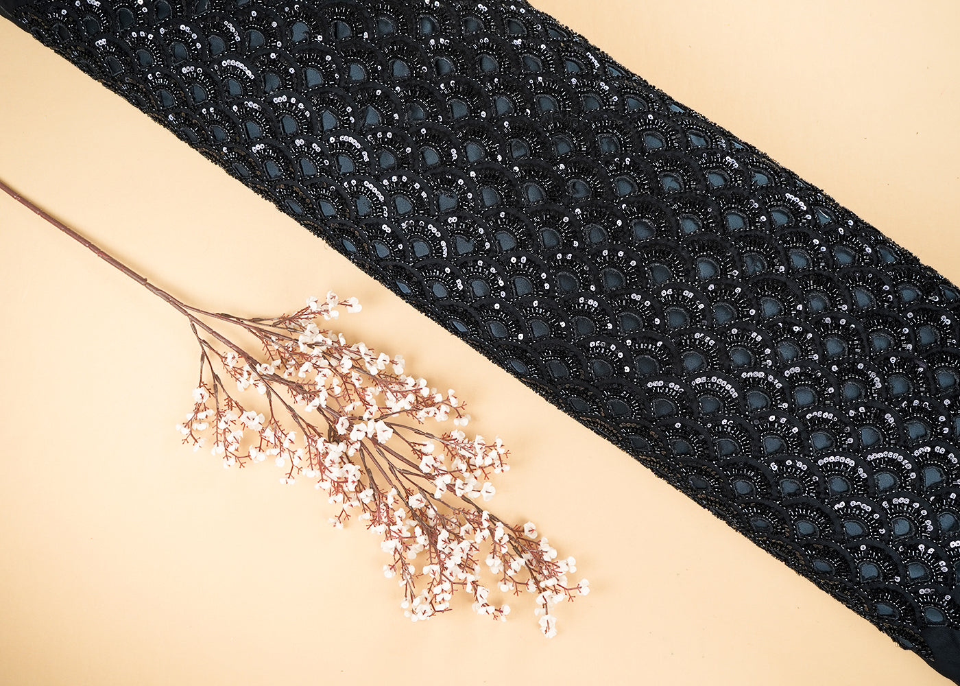 Black Imported Net Fabric With All Over Sequins, Katdana, Beads And CutWork 21457