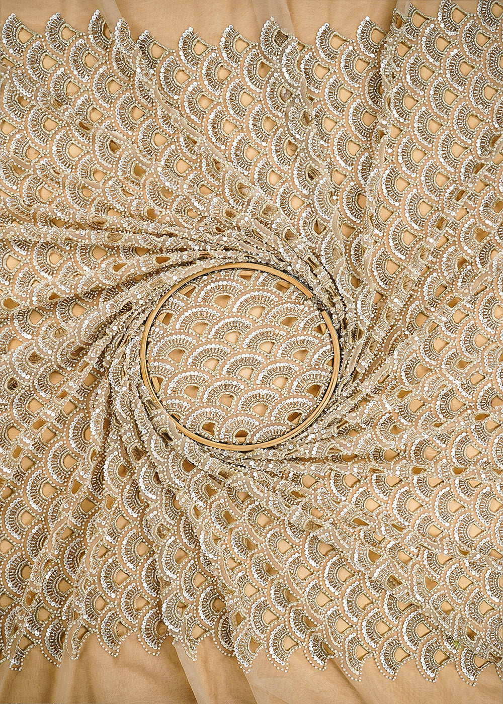 Golden Imported Net Fabric With All Over Sequins, Katdana, Bead And CutWork 21458