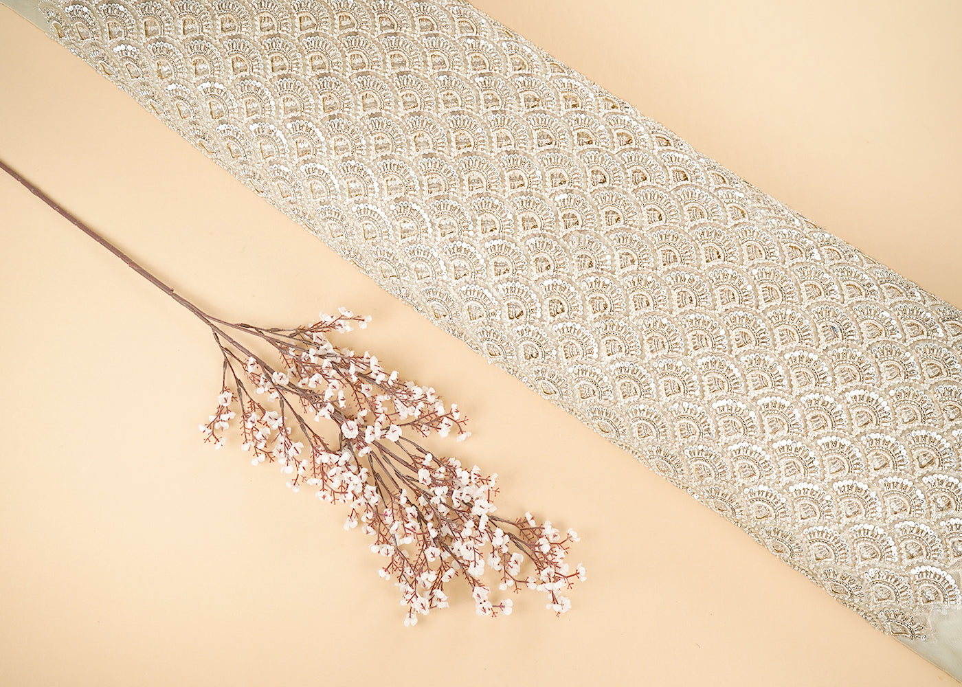 Cream Imported Net Fabric With All Over Sequins, Katdana, Beads And CutWork 21459