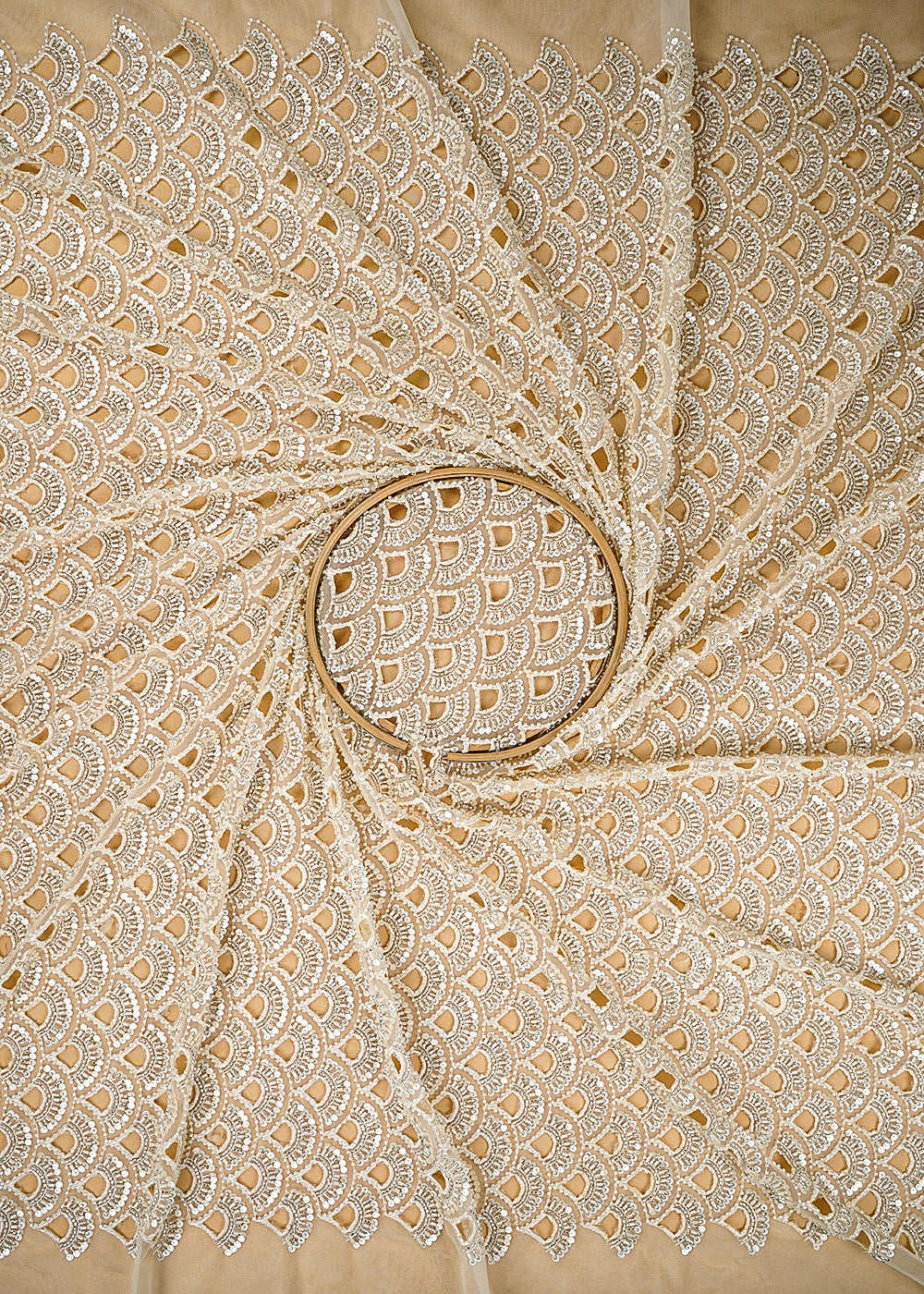 Cream Imported Net Fabric With All Over Sequins, Katdana, Beads And CutWork 21459