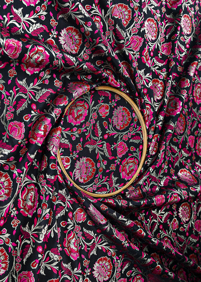 Black Banarasi Brocade Fabric With All Over Thread And Zari Handloom 21475