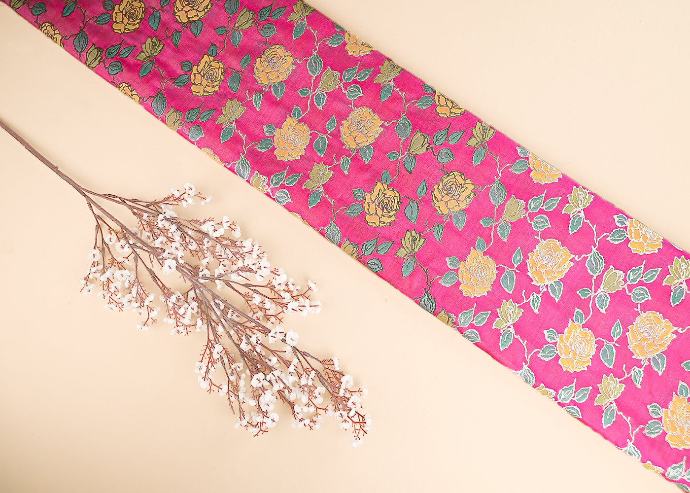 Barbie Pink Banarasi Brocade Fabric With All Over Thread And Zari Handloom 21476