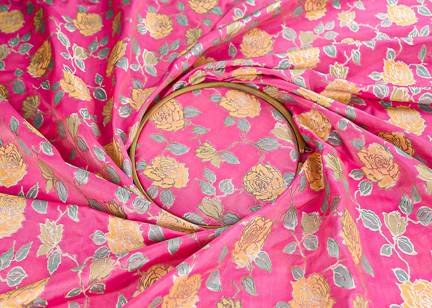 Barbie Pink Banarasi Brocade Fabric With All Over Thread And Zari Handloom 21476