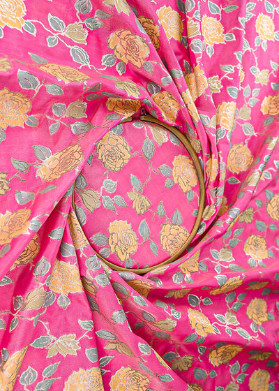 Barbie Pink Banarasi Brocade Fabric With All Over Thread And Zari Handloom 21476