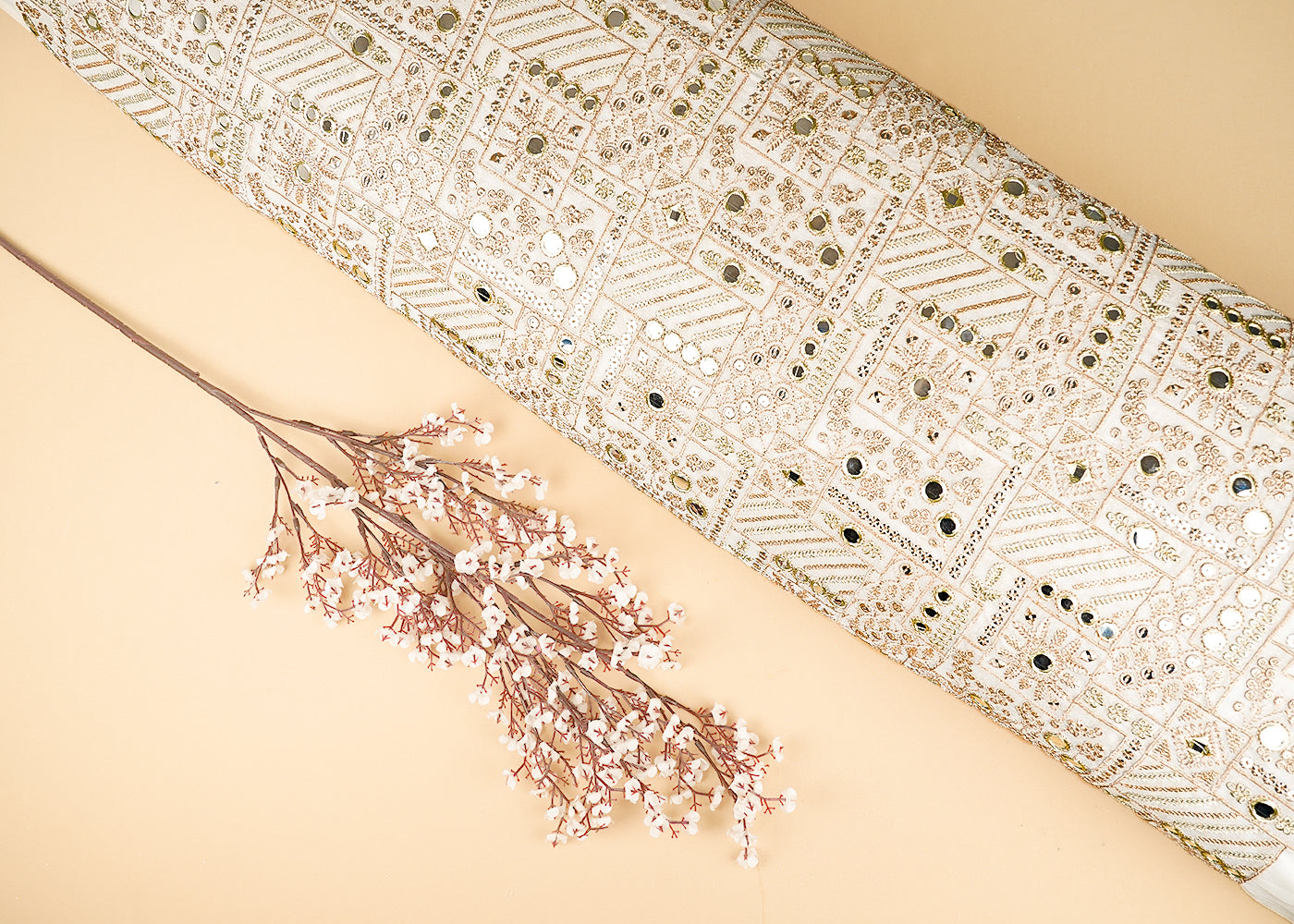 White Dyeable Georgette Fabric With All Over Zari, Faux Mirror And Sequins Work 21483