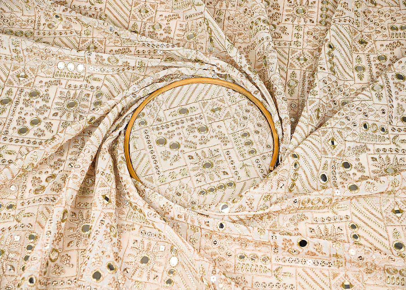 White Dyeable Georgette Fabric With All Over Zari, Faux Mirror And Sequins Work 21483