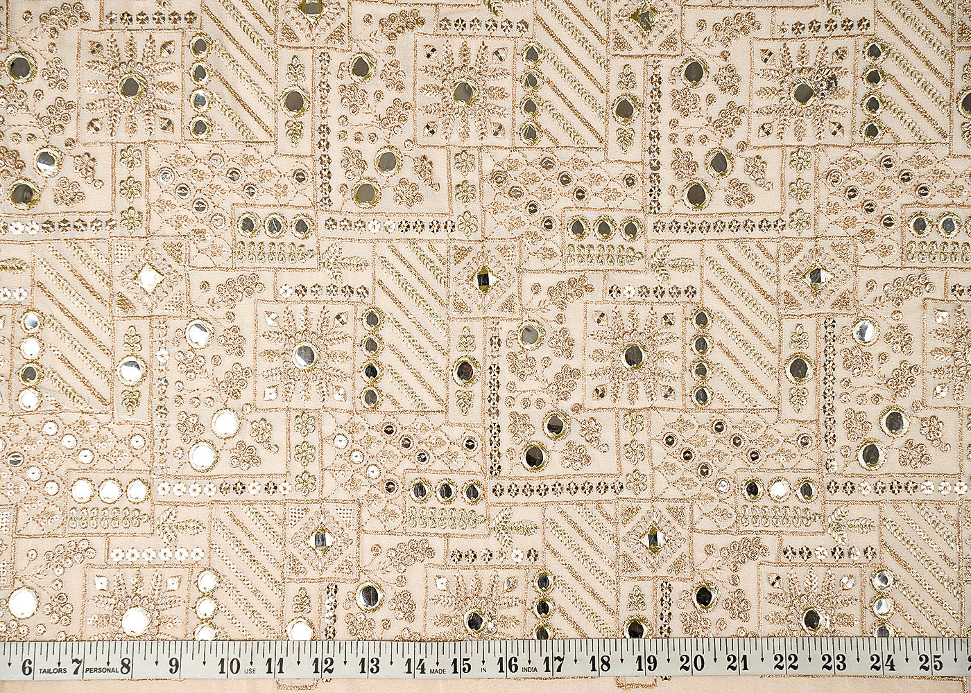 White Dyeable Georgette Fabric With All Over Zari,Faux Mirror And Sequ