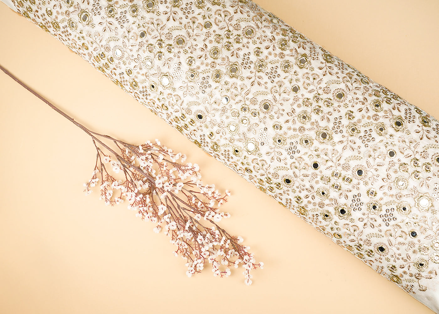 White Dyeable Georgette Fabric With All Over Zari, Faux Mirror And Sequins Work 21484