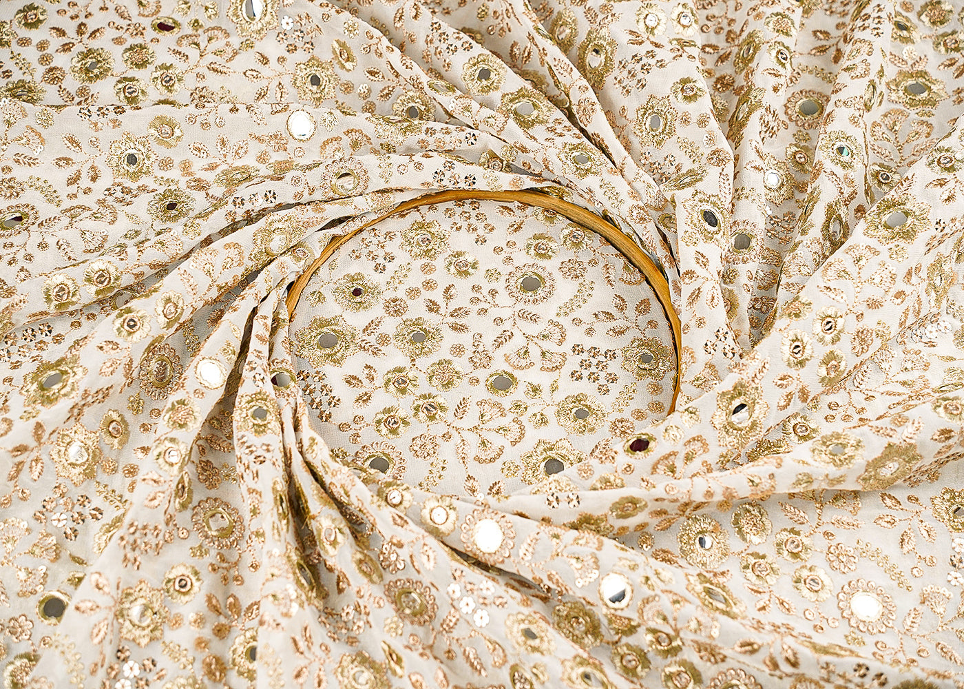 White Dyeable Georgette Fabric With All Over Zari, Faux Mirror And Sequins Work 21484